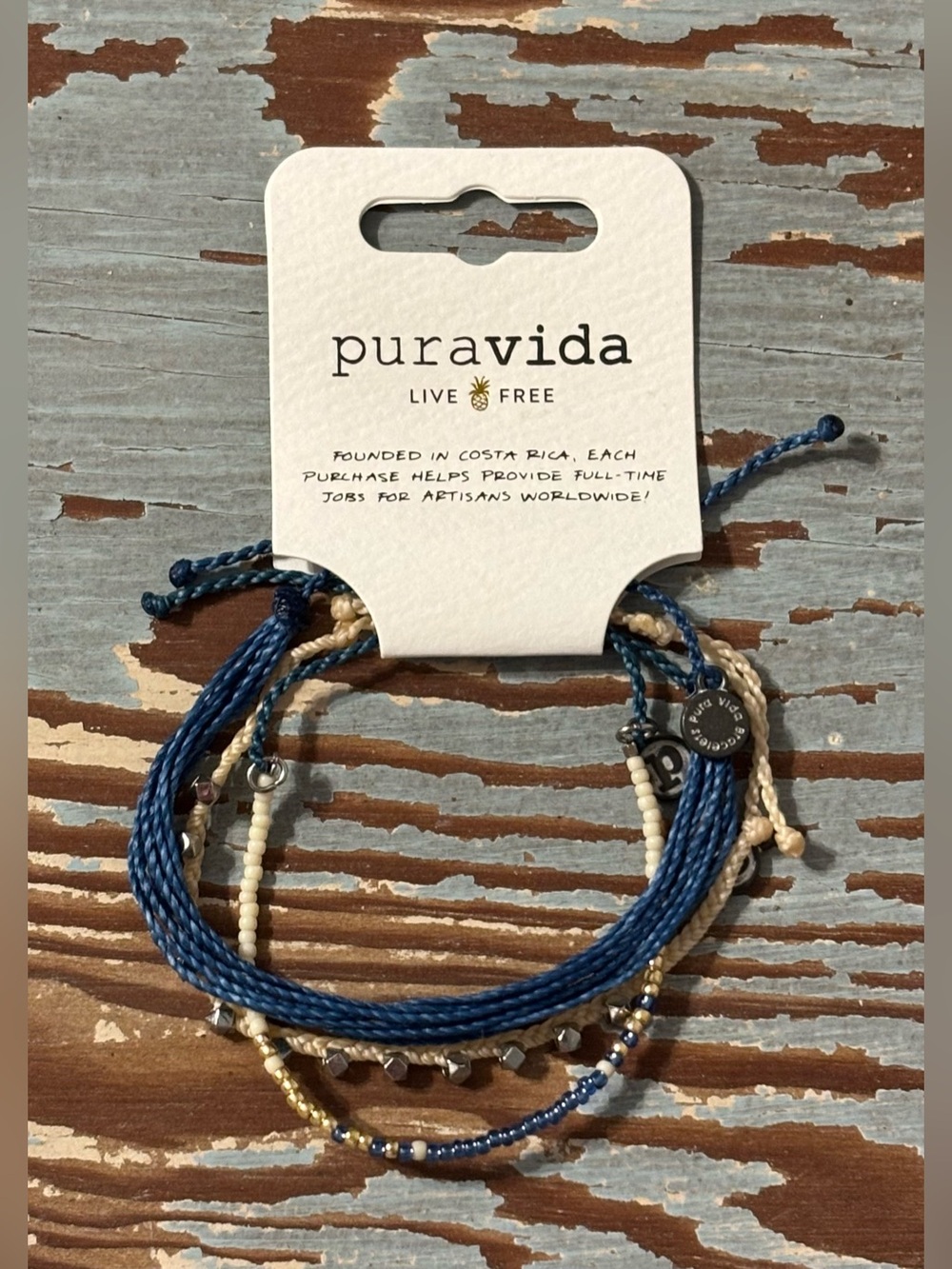 3-Pc Set - Pura Vida Bracelet Club - Blue & Cream Bracelet Stack